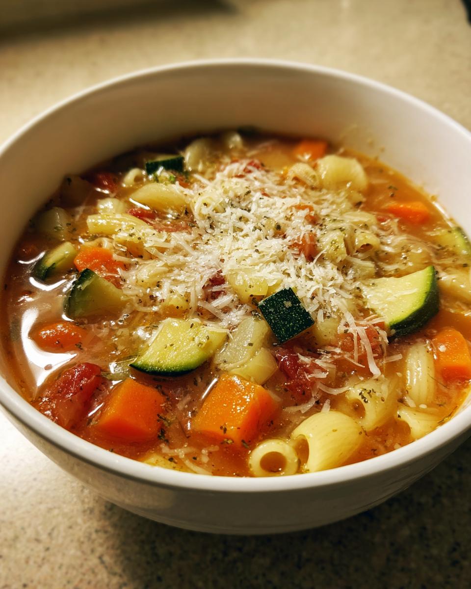 Close-up of a white bowl filled with rich minestrone soup, featuring vegetables, pasta, and topped with grated Parmesan cheese.