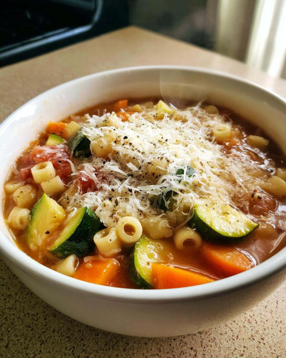 Close-up of a steaming bowl of minestrone soup topped generously with grated Parmesan cheese and black pepper.