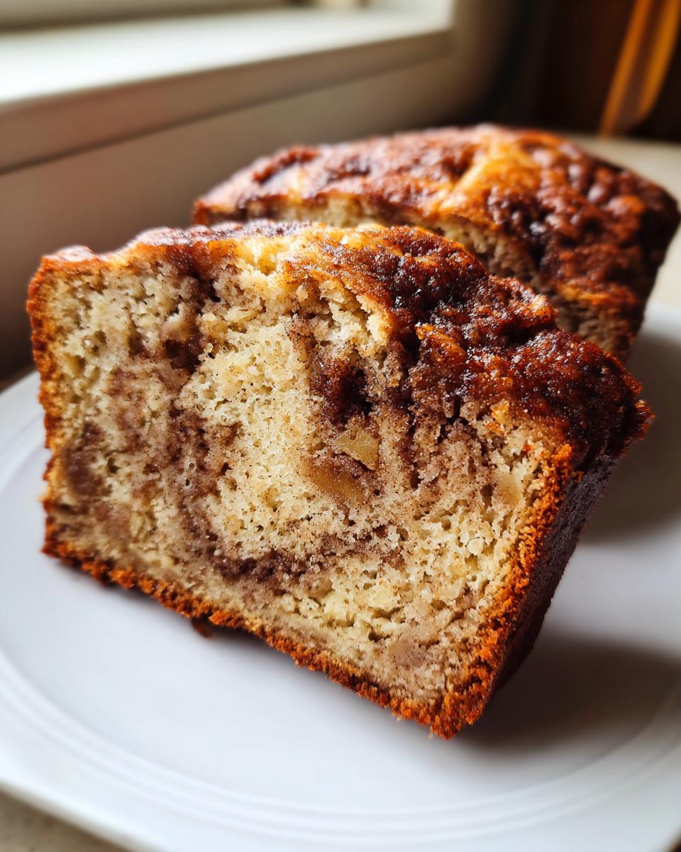 Close-up of a moist slice of apple bread showing a cinnamon swirl and nuts on a white plate.