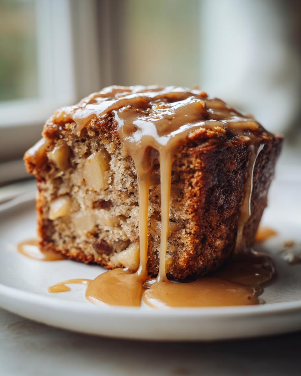 A close-up of a moist slice of apple dapple cake topped with thick caramel sauce dripping down the sides.