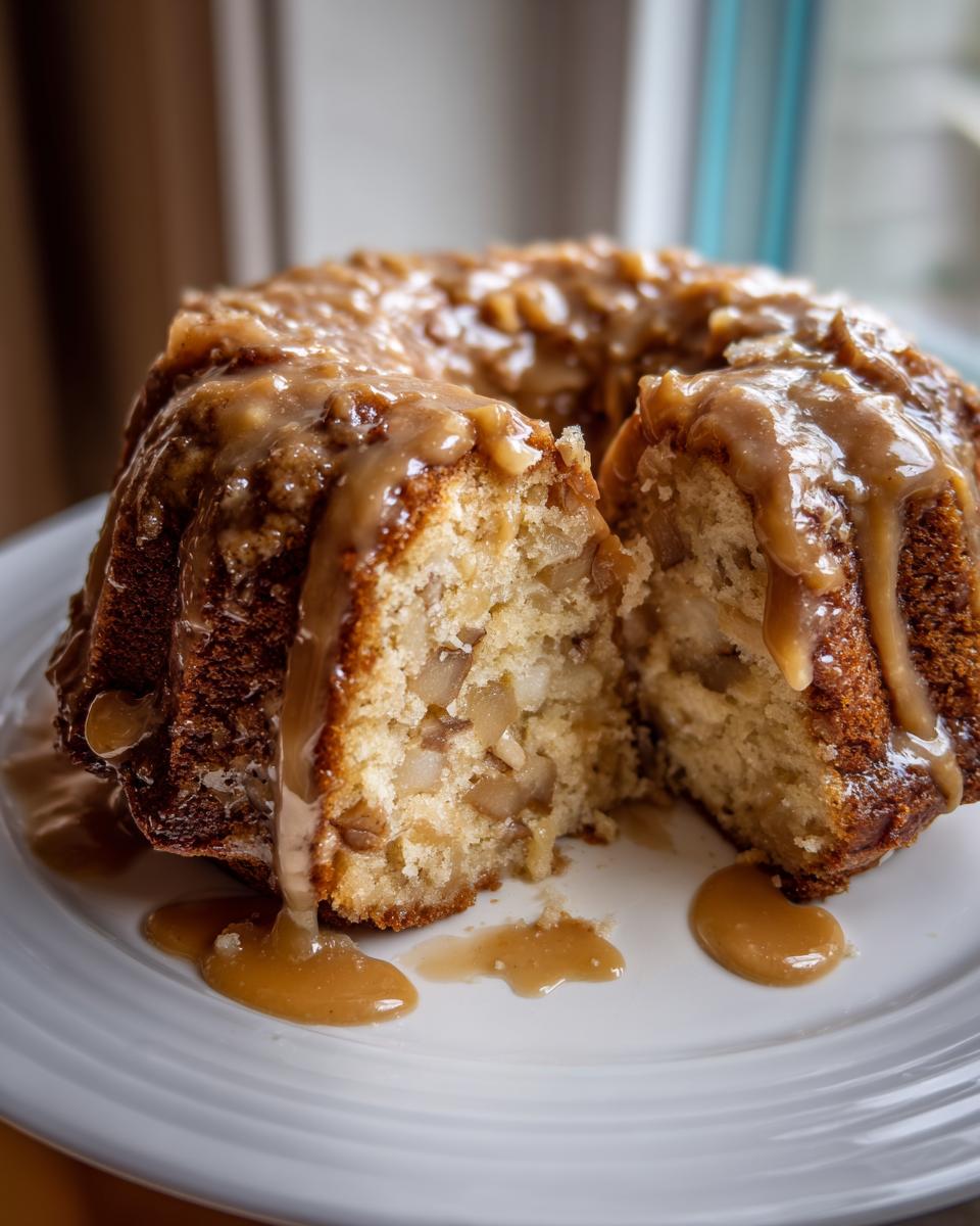 A slice cut from a moist apple dapple cake, generously topped with thick caramel sauce dripping onto a white plate.