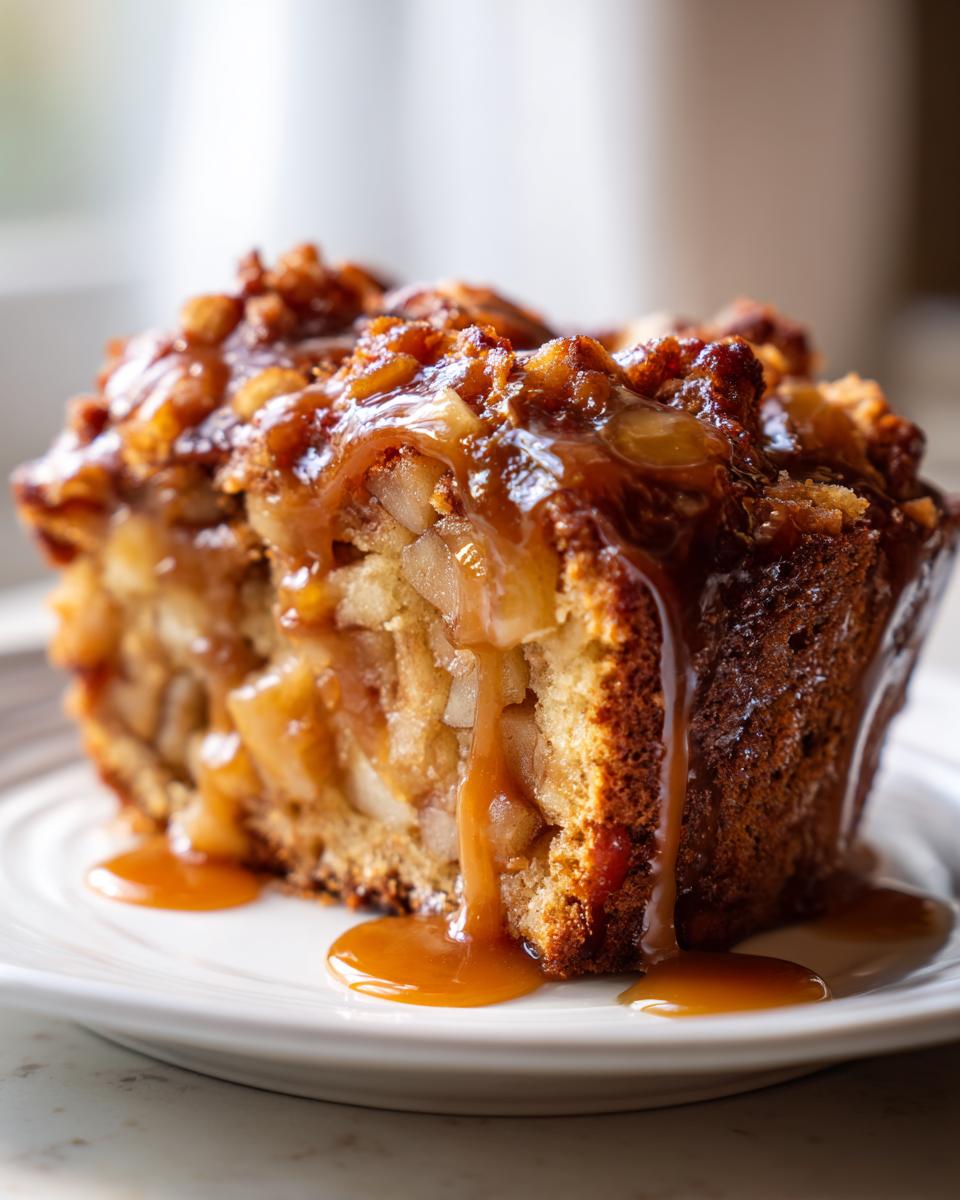 Close-up of a moist slice of apple dapple cake topped with nuts and dripping with rich caramel sauce.