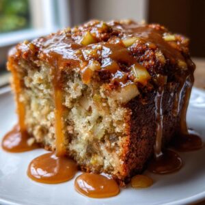 Close-up of a moist slice of apple dapple cake generously topped with caramel sauce and visible apple chunks.
