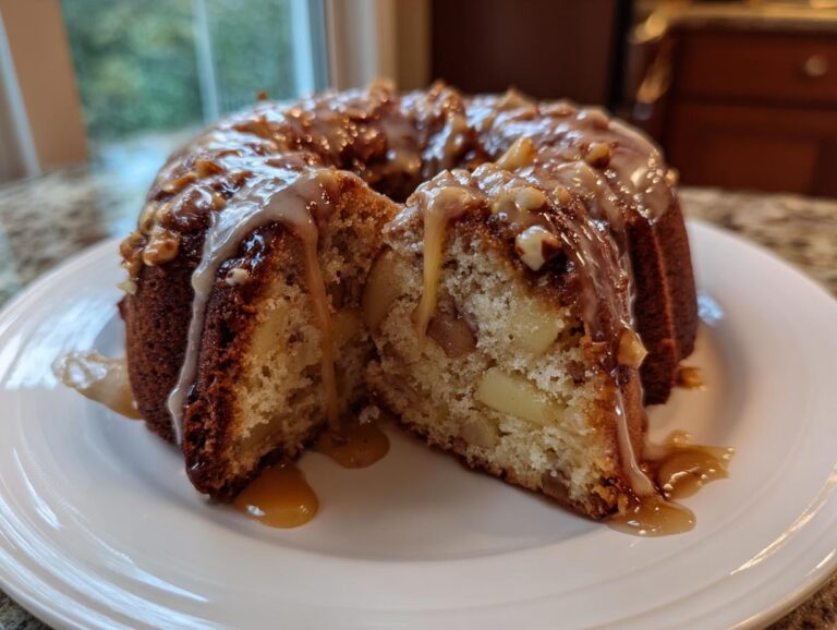 A slice cut from a bundt-style apple dapple cake, showing moist interior with apple chunks, topped with nuts and dripping caramel glaze.