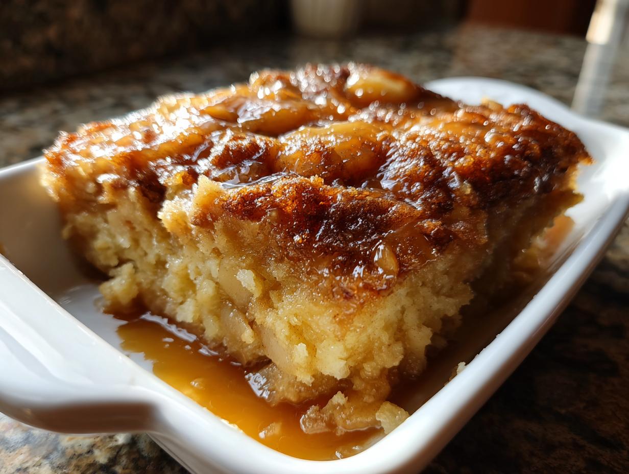 Close-up of a moist slice of caramel apple dump cake topped with gooey caramel sauce.
