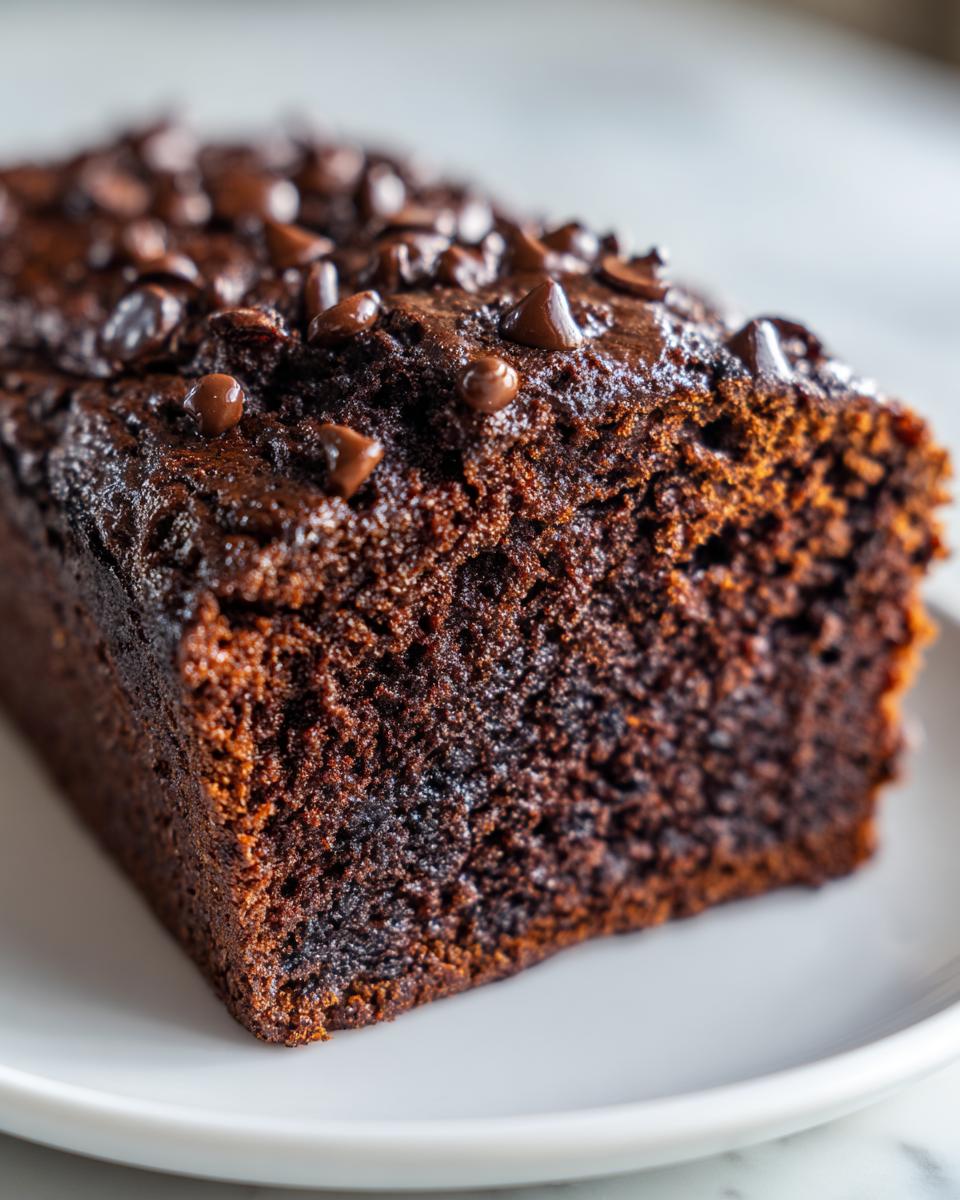 Close-up of a moist slice of rich chocolate bread topped generously with chocolate chips.