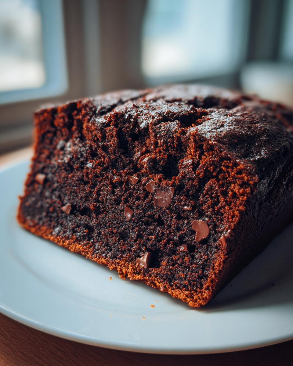 Close-up of a rich, dark slice of chocolate bread studded with chocolate chips, served on a white plate.