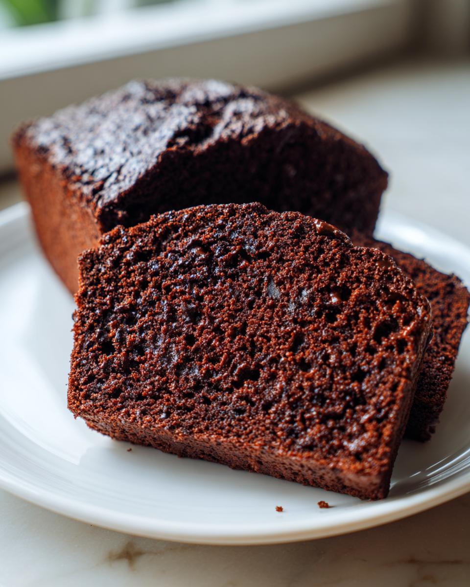 Close-up of moist, dark brown slices of chocolate bread on a white plate.