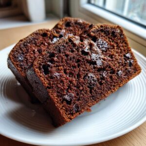 Close-up of three moist slices of rich, dark chocolate bread studded with chocolate chips on a white plate.
