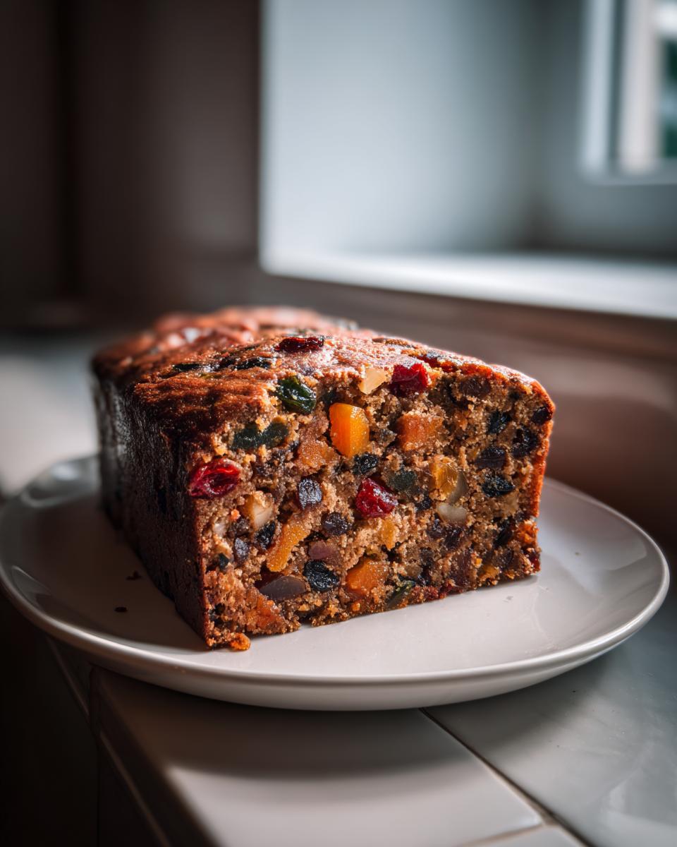 Cross-section of a moist fruit cake recipe loaf packed with colorful dried fruits and nuts, served on a white plate.