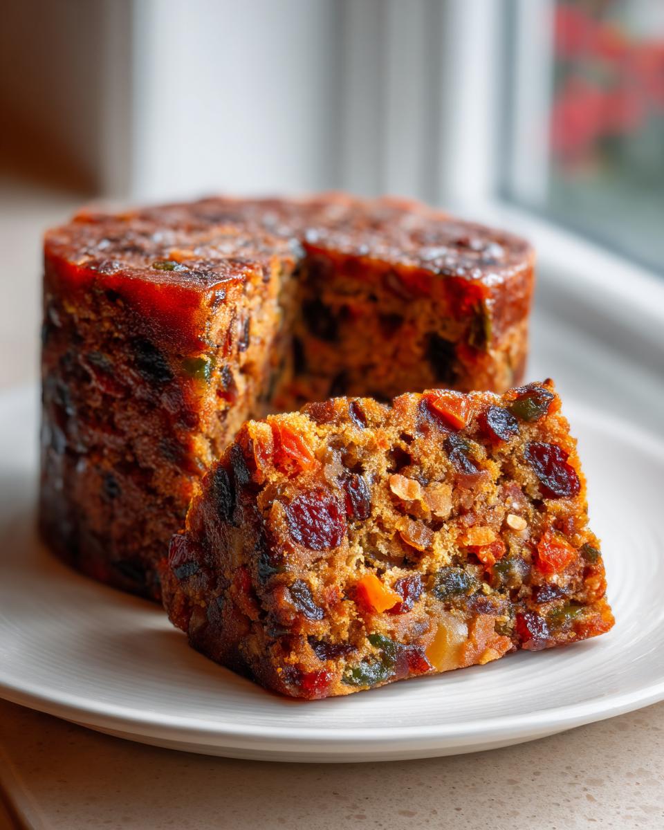 Close-up of a slice of moist fruit cake recipe, showing rich dried fruits and nuts, next to the main cake.