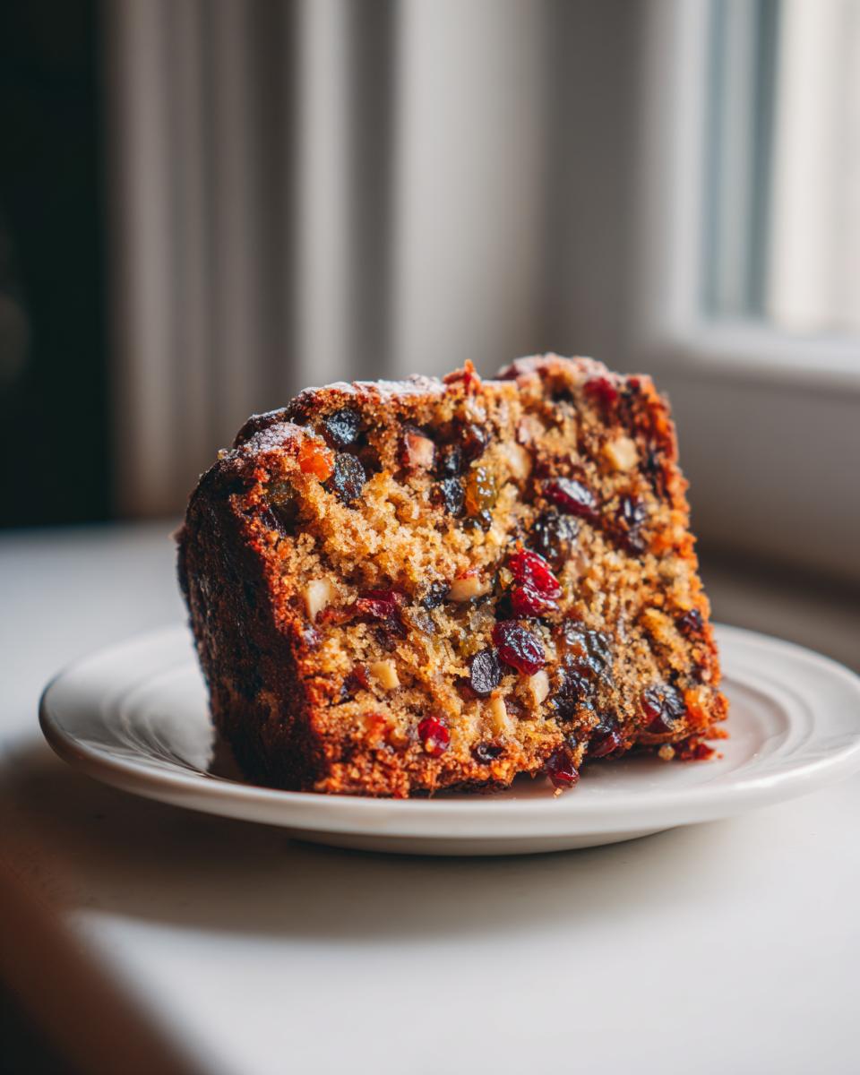 A close-up view of a thick slice of moist fruit cake recipe, packed with colorful dried fruits and nuts, served on a white plate.