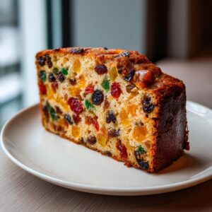 Close-up of a thick slice of moist fruit cake recipe, packed with colorful candied fruits and raisins.