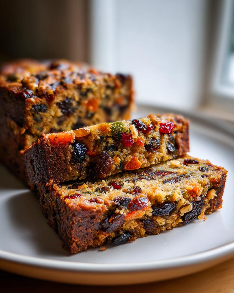 Close-up of two thick slices of moist fruit cake recipe, packed with colorful dried fruits and nuts, resting on a white plate.