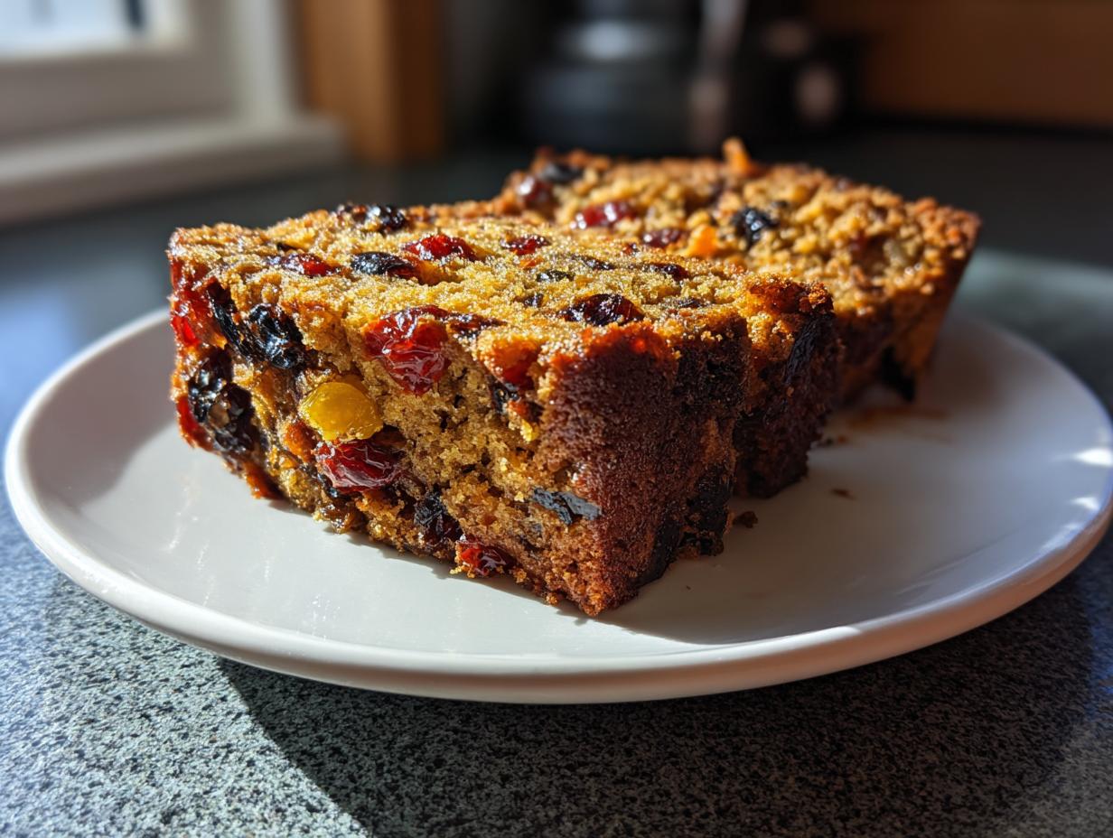 Two thick slices of moist fruit cake recipe, packed with dried cherries and raisins, sitting on a white plate.