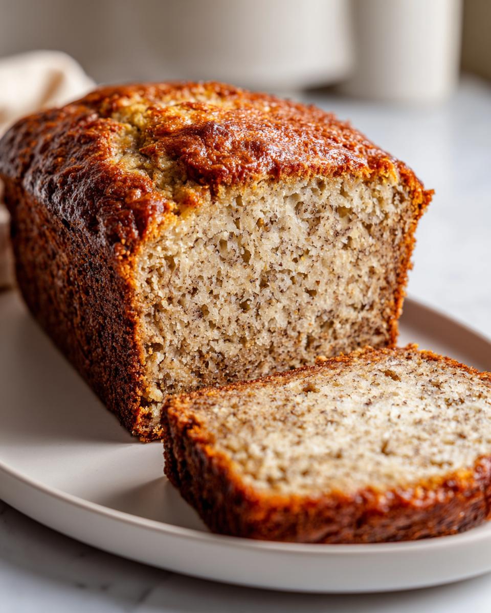 A close-up of a freshly baked greek yogurt banana bread loaf with one thick slice cut and resting beside it.