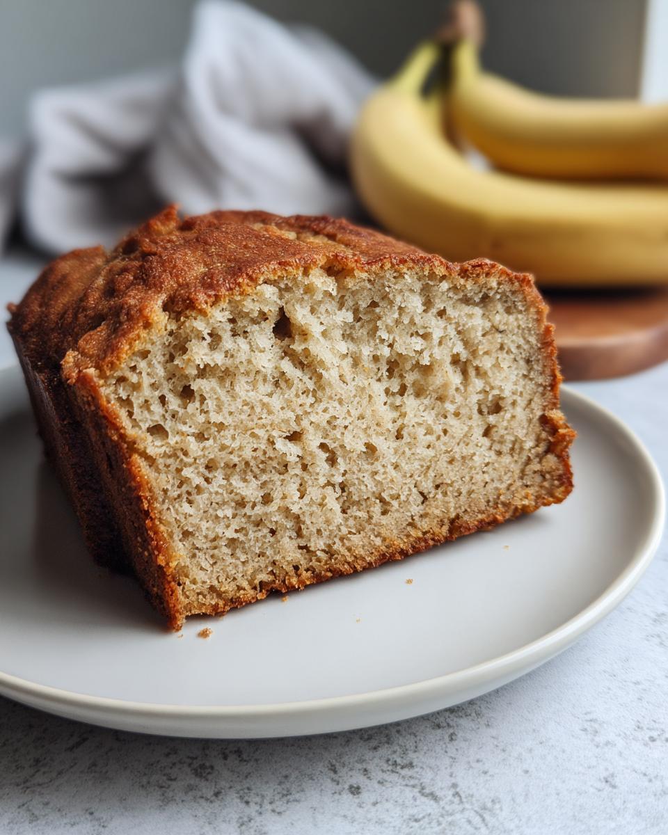 Close-up of a thick slice of moist greek yogurt banana bread on a light plate, with fresh bananas in the background.