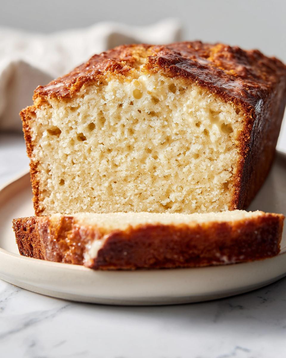 Close-up of a slice cut from a loaf of moist greek yogurt banana bread with a golden crust.