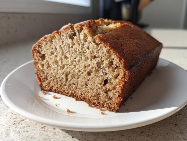 A close-up of a thick slice of moist greek yogurt banana bread on a white plate, showing its fluffy texture.
