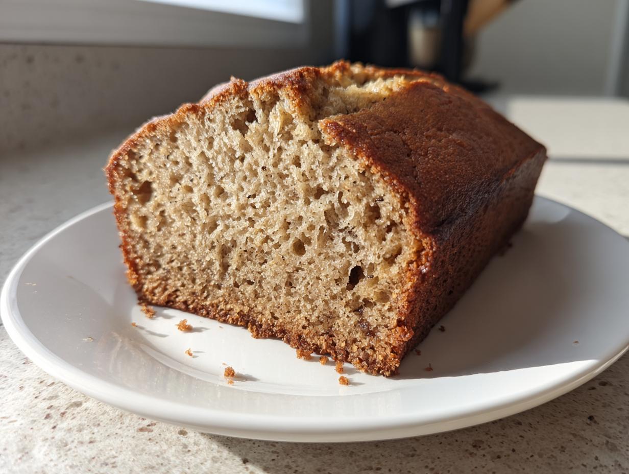 A close-up of a thick slice of moist greek yogurt banana bread on a white plate, showing its fluffy texture.