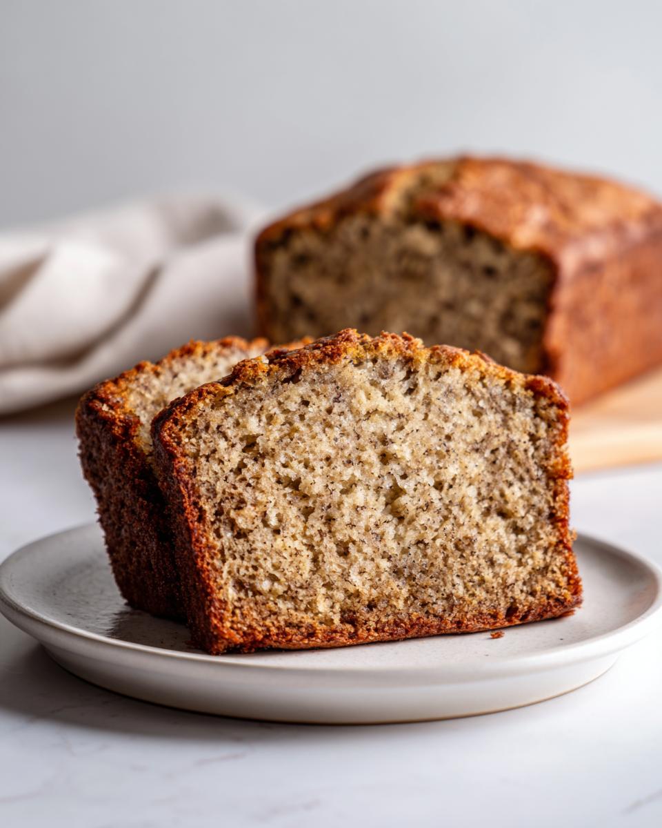 Two thick slices of moist greek yogurt banana bread resting on a small plate, with the loaf blurred in the background.