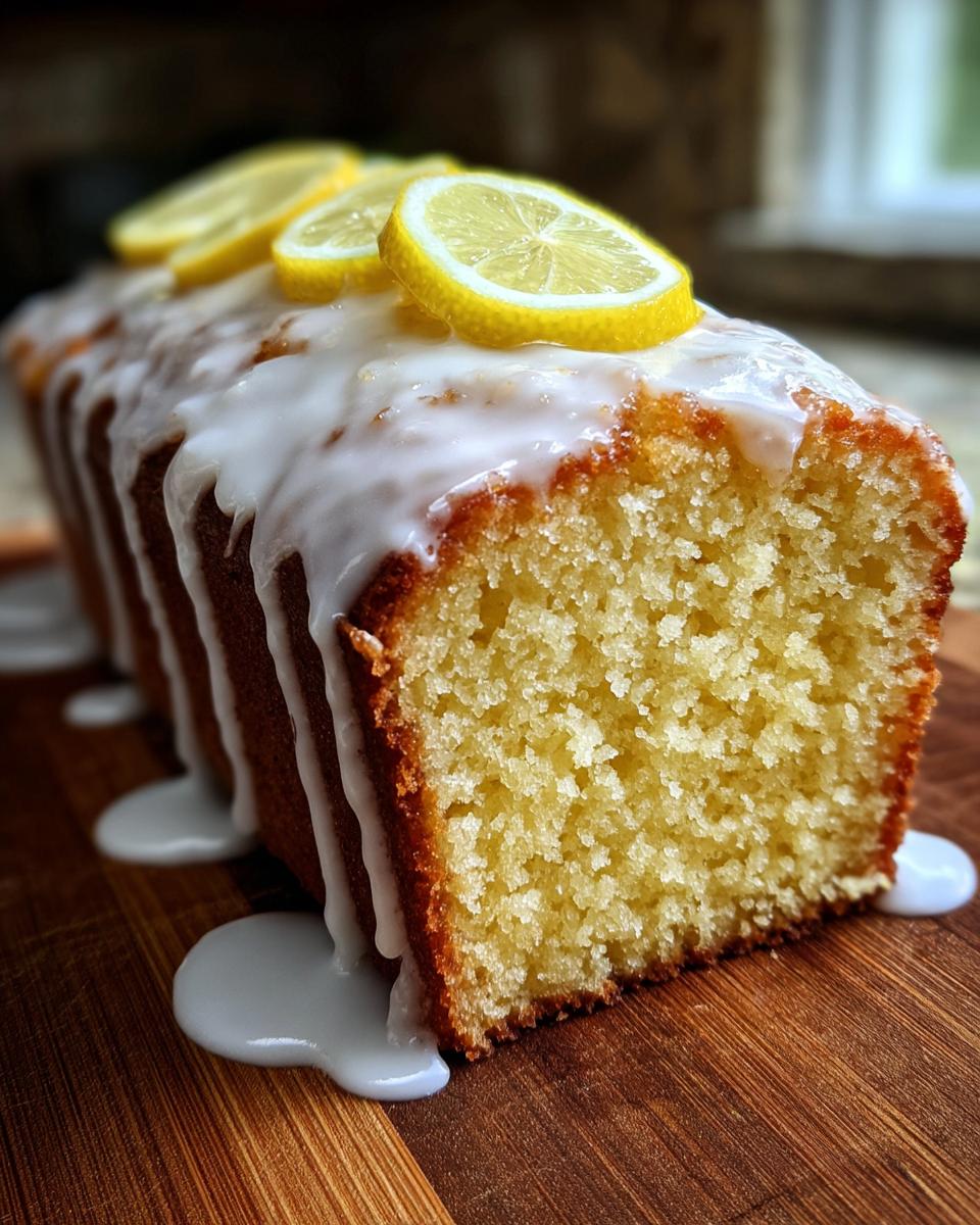 Close-up of a slice of moist lemon pound cake topped with white glaze and fresh lemon slices.