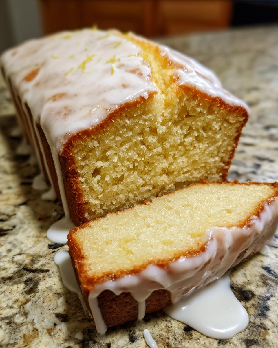 Close-up of a moist lemon pound cake, sliced to show the texture, covered in white lemon glaze and zest.