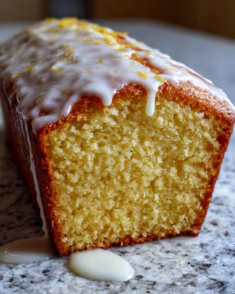 Close-up of a moist lemon pound cake with a thick white glaze dripping down the side onto a granite counter.