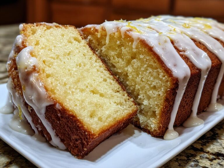 A close-up of a moist lemon pound cake, sliced to show the crumb, topped with a thick white lemon glaze and zest.