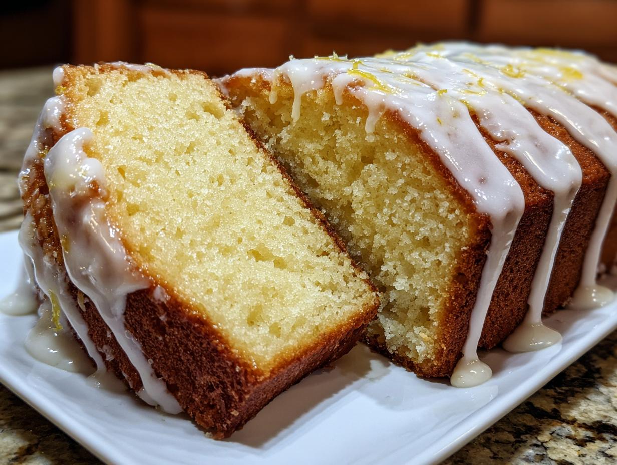 A close-up of a moist lemon pound cake, sliced to show the crumb, topped with a thick white lemon glaze and zest.