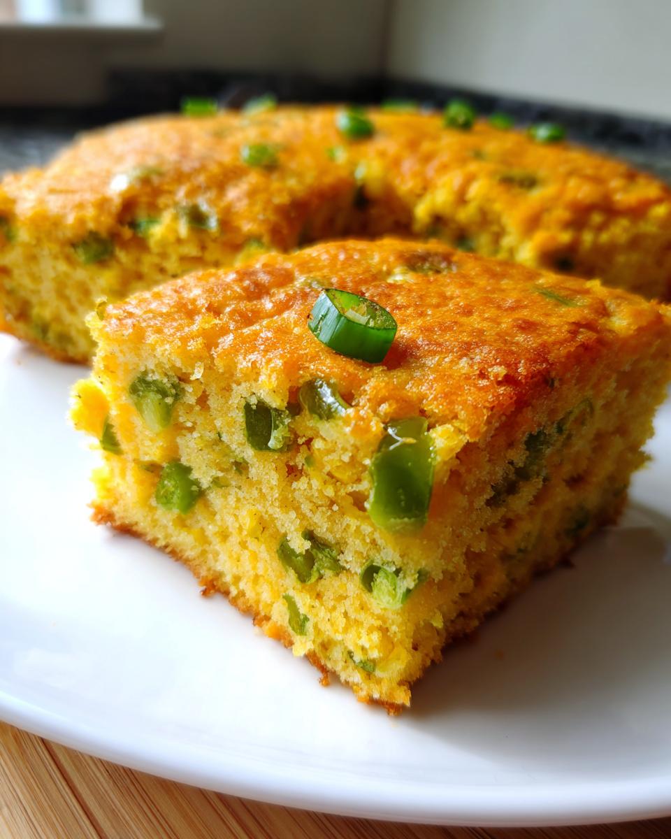 A close-up of a moist slice of Mexican cornbread studded with green jalapeño pieces.