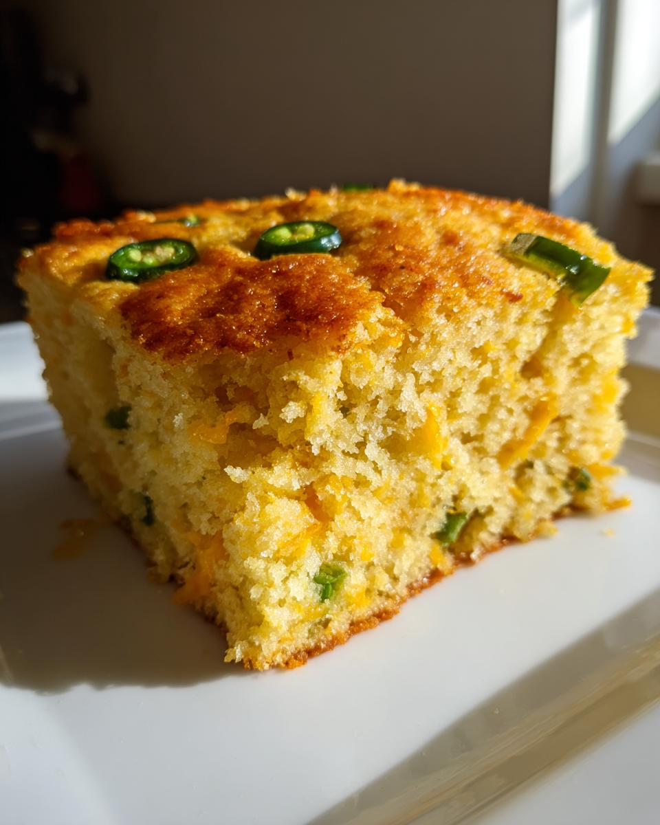 A close-up of a moist slice of Mexican cornbread, studded with cheese and topped with jalapeño slices.