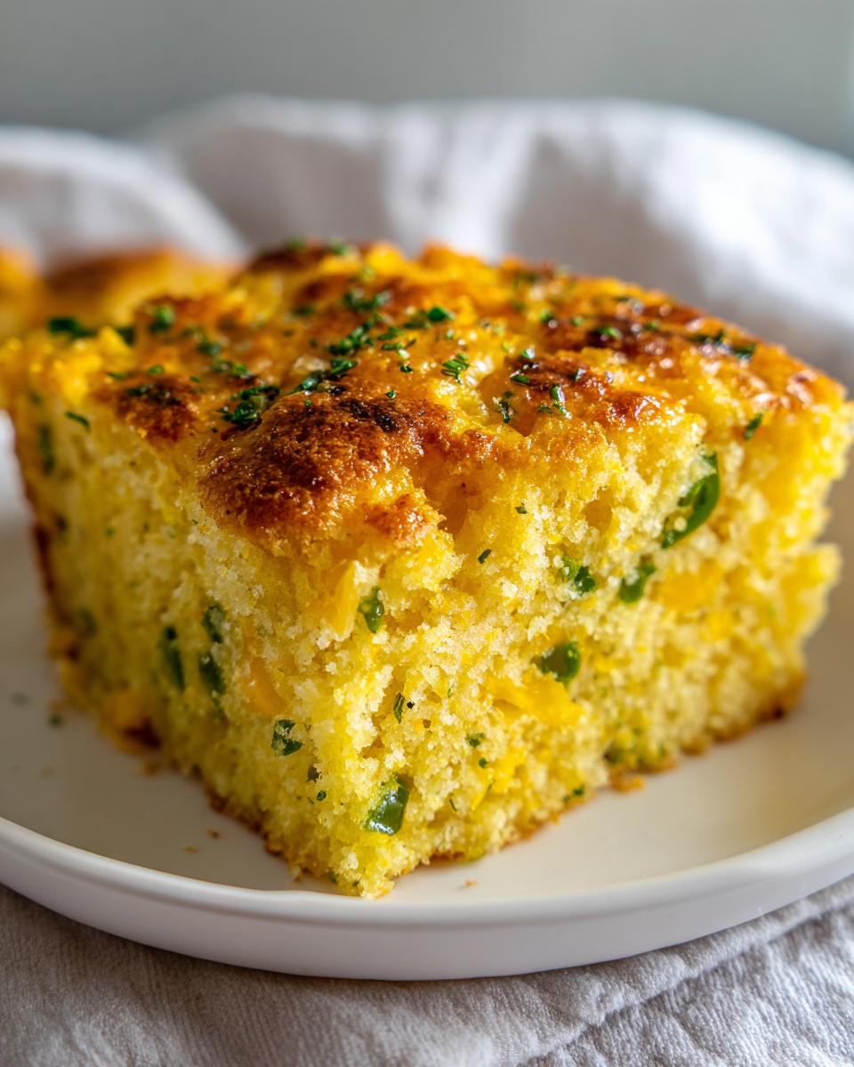 Close-up of a moist slice of Mexican cornbread, studded with green peppers and topped with herbs.