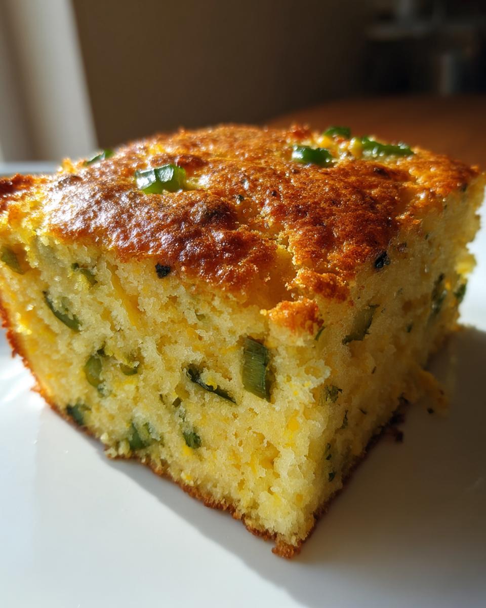 Close-up of a moist slice of Mexican cornbread, studded with green jalapeño pieces and topped with a golden crust.