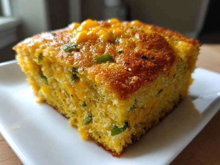 Close-up of a moist, golden slice of Mexican cornbread topped with corn kernels and green peppers.