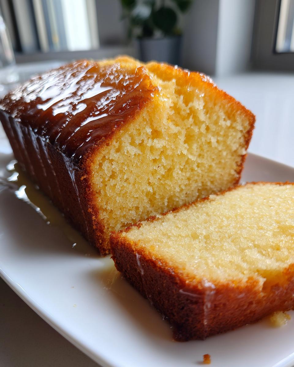 A close-up of a sliced, moist olive oil cake loaf topped with a shiny, amber glaze.