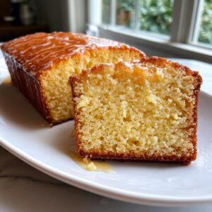 Close-up of a slice of moist olive oil cake showing its crumb, next to the rest of the loaf, drizzled with a shiny glaze.