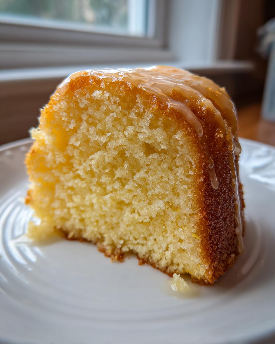 Close-up of a moist slice of yellow olive oil cake topped with a thin, dripping glaze, served on a white plate.