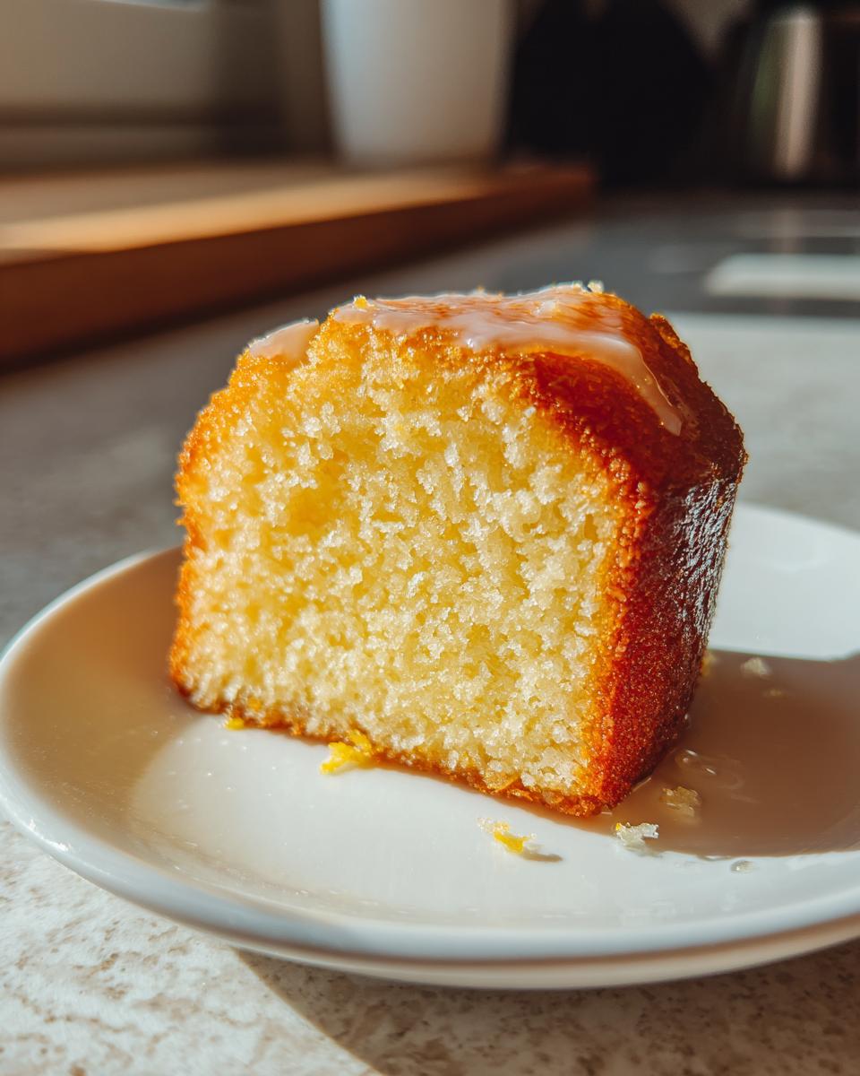 Close-up of a moist slice of olive oil cake with a light lemon glaze, sitting on a white plate.