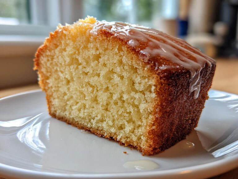 Close-up of a slice of moist olive oil cake with a light glaze dripping down the golden-brown crust.