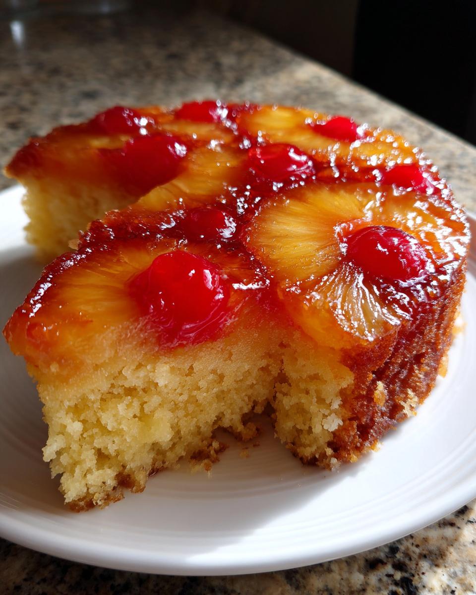A moist slice of pineapple upside down cake with caramelized topping and maraschino cherries.
