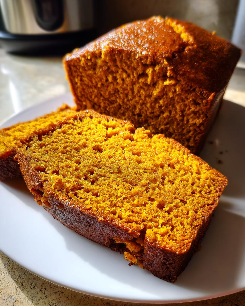 Close-up of two moist slices of vibrant orange pumpkin bread on a white plate.