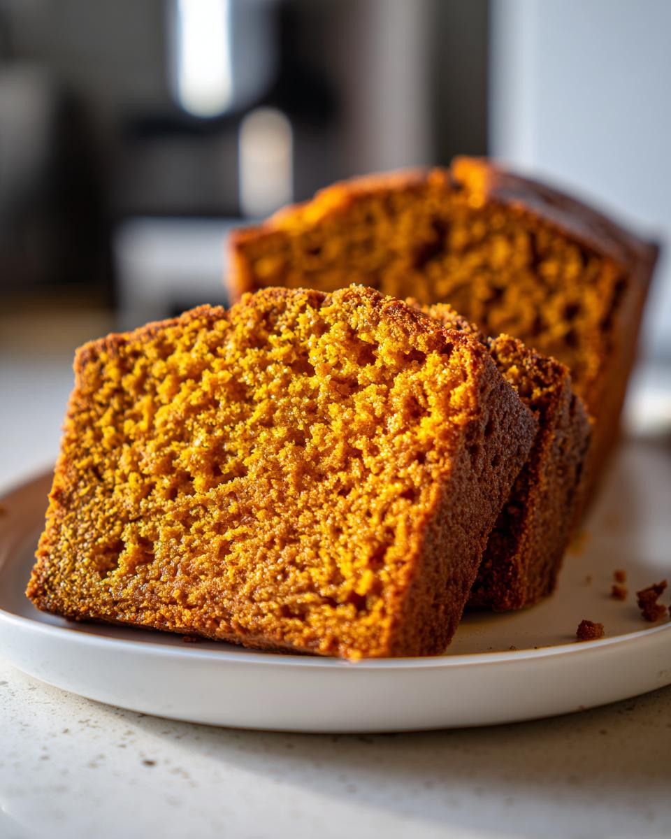 Close-up of two thick, moist slices of vibrant orange pumpkin bread resting on a white plate.