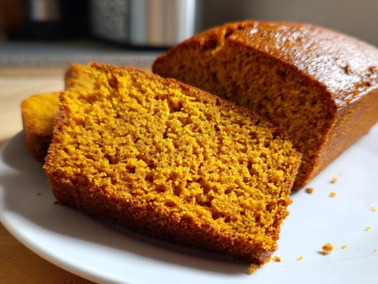 Close-up of a very moist slice of bright orange pumpkin bread next to the rest of the loaf on a white plate.