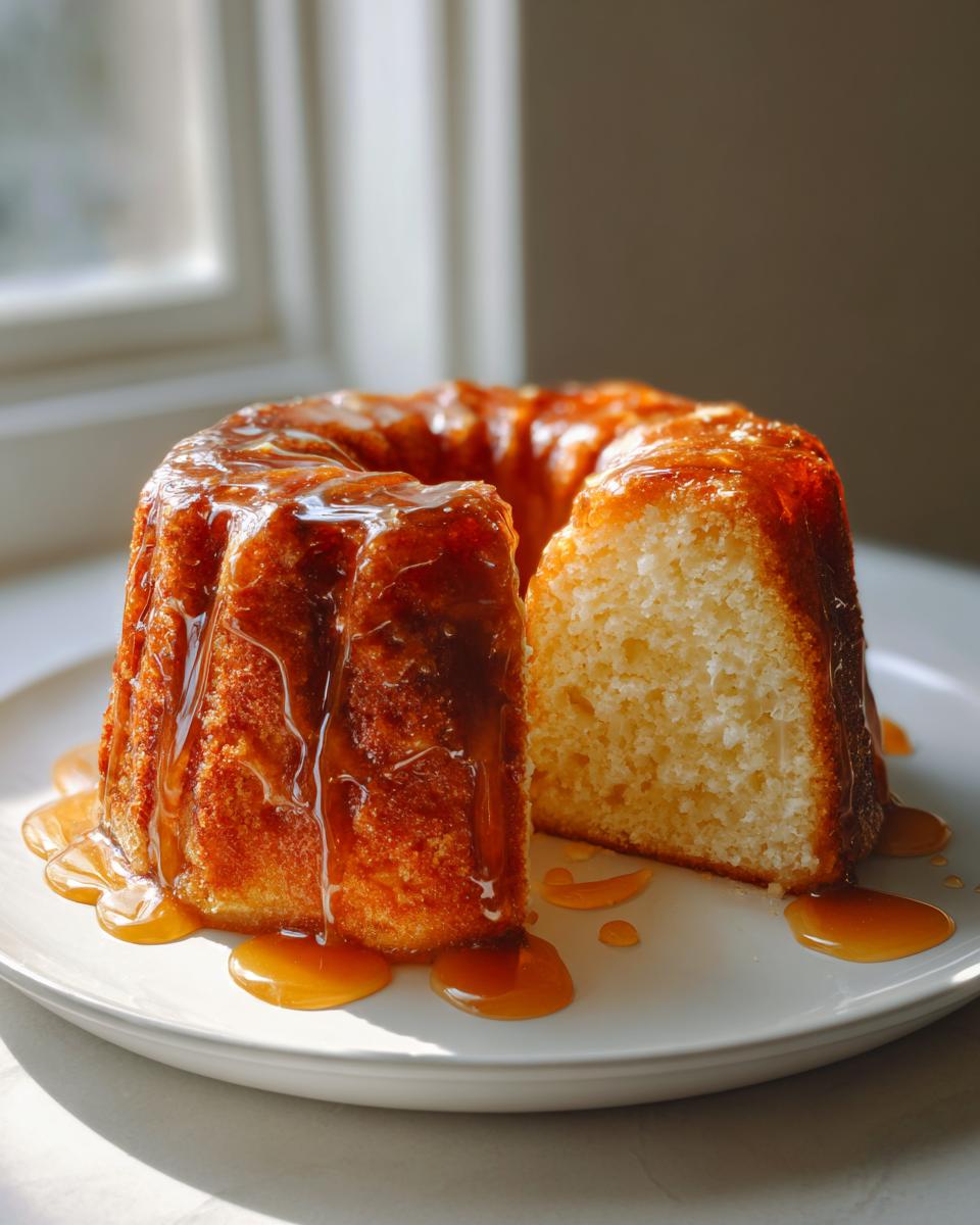 A slice cut from a moist rum cake recipe, heavily drizzled with a rich, amber caramel glaze on a white plate.