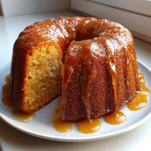 A moist, golden brown rum cake recipe baked in a bundt pan, heavily drizzled with a thick caramel glaze.