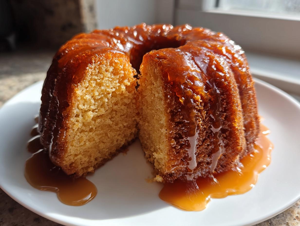 A slice cut from a moist rum cake, drizzled heavily with glossy caramel glaze on a white plate.