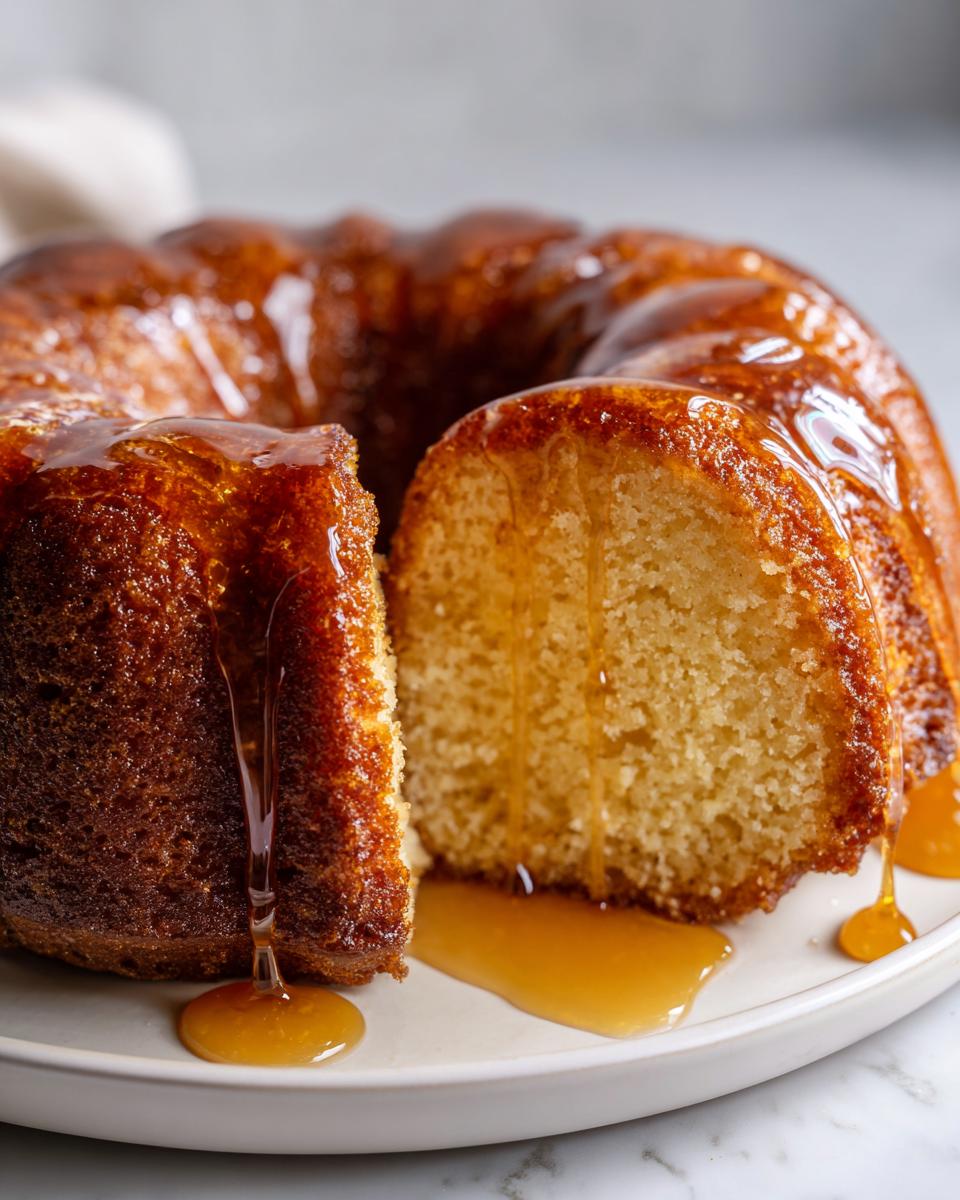Close-up of a moist rum cake recipe bundt cake with a thick, amber glaze dripping down the sides.
