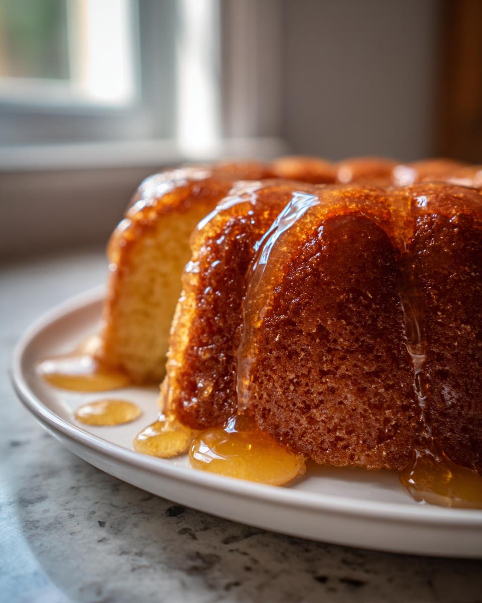 Close-up of a moist, golden rum cake on a white plate, heavily drizzled with a shiny rum glaze.