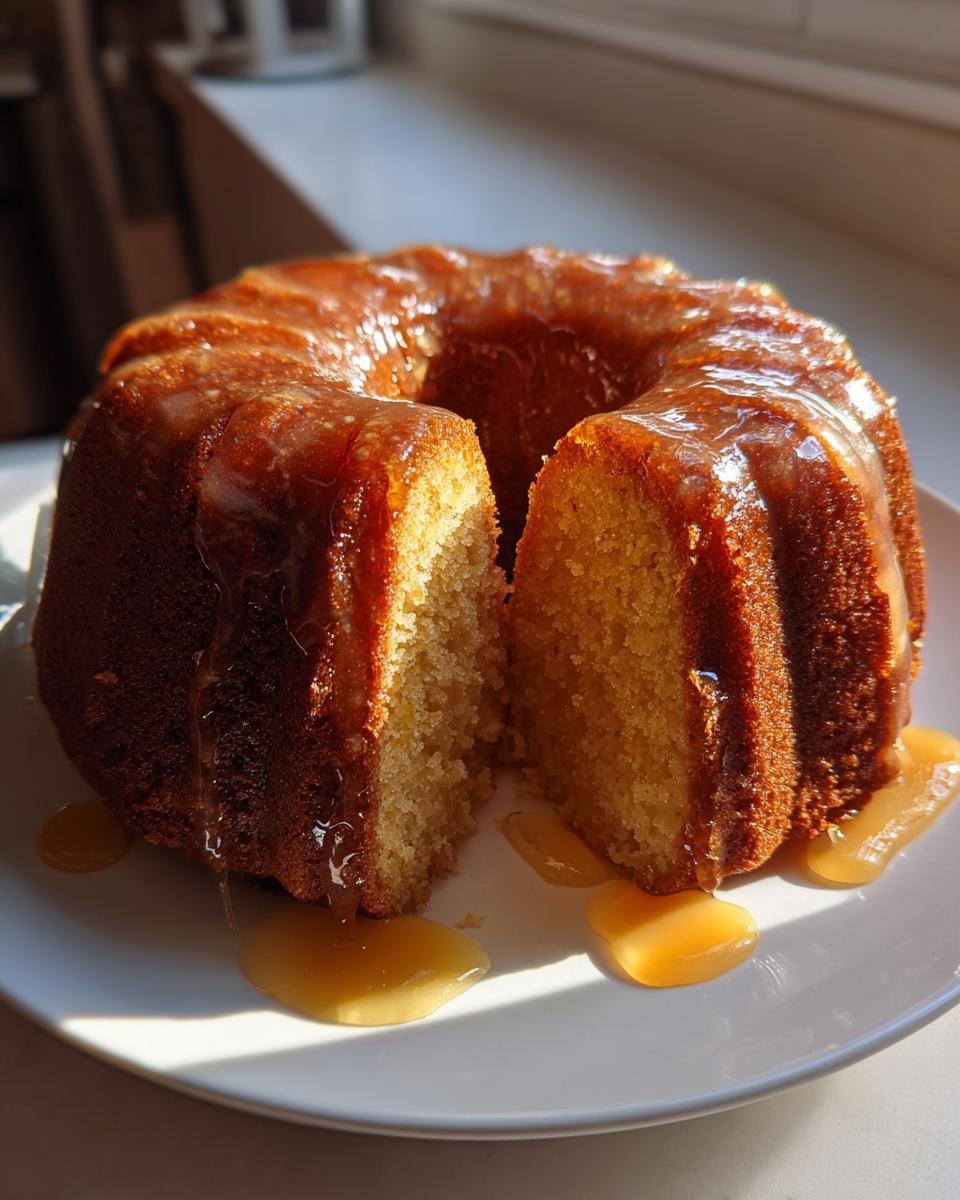 A slice has been cut from a golden, moist rum cake recipe, heavily drizzled with a shiny caramel glaze.